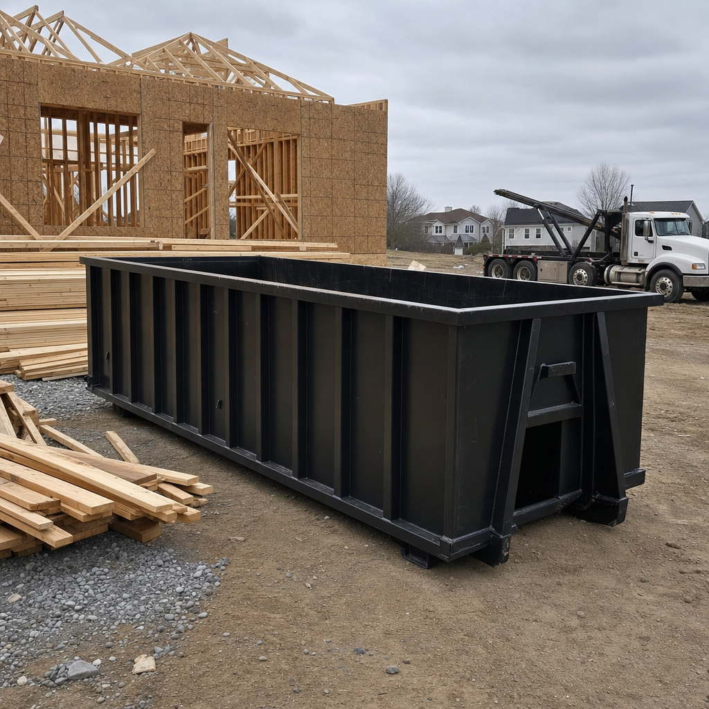 Matte-black 40-yard roll-off dumpster staged on a framed-out residential construction site in Port Orange, framing lumber stacked nearby, hooklift delivery truck visible in the background under bright Colorado daylight