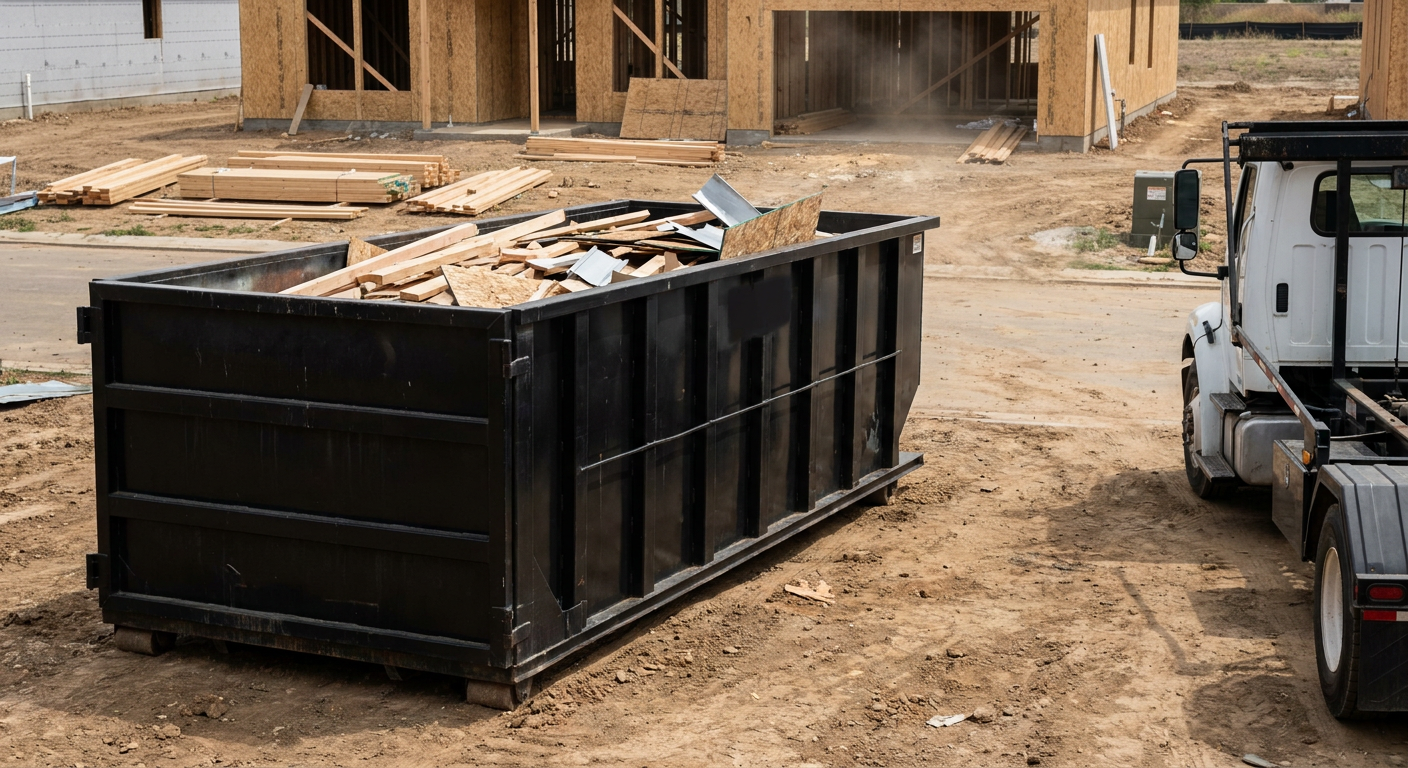 Matte-black 20-yard roll-off construction dumpster with heavy ribbed steel sidewalls and swing rear doors at a working jobsite in Port Orange, sitting directly on compacted dirt with an unmarked white hauler partially visible at the far edge of the frame.