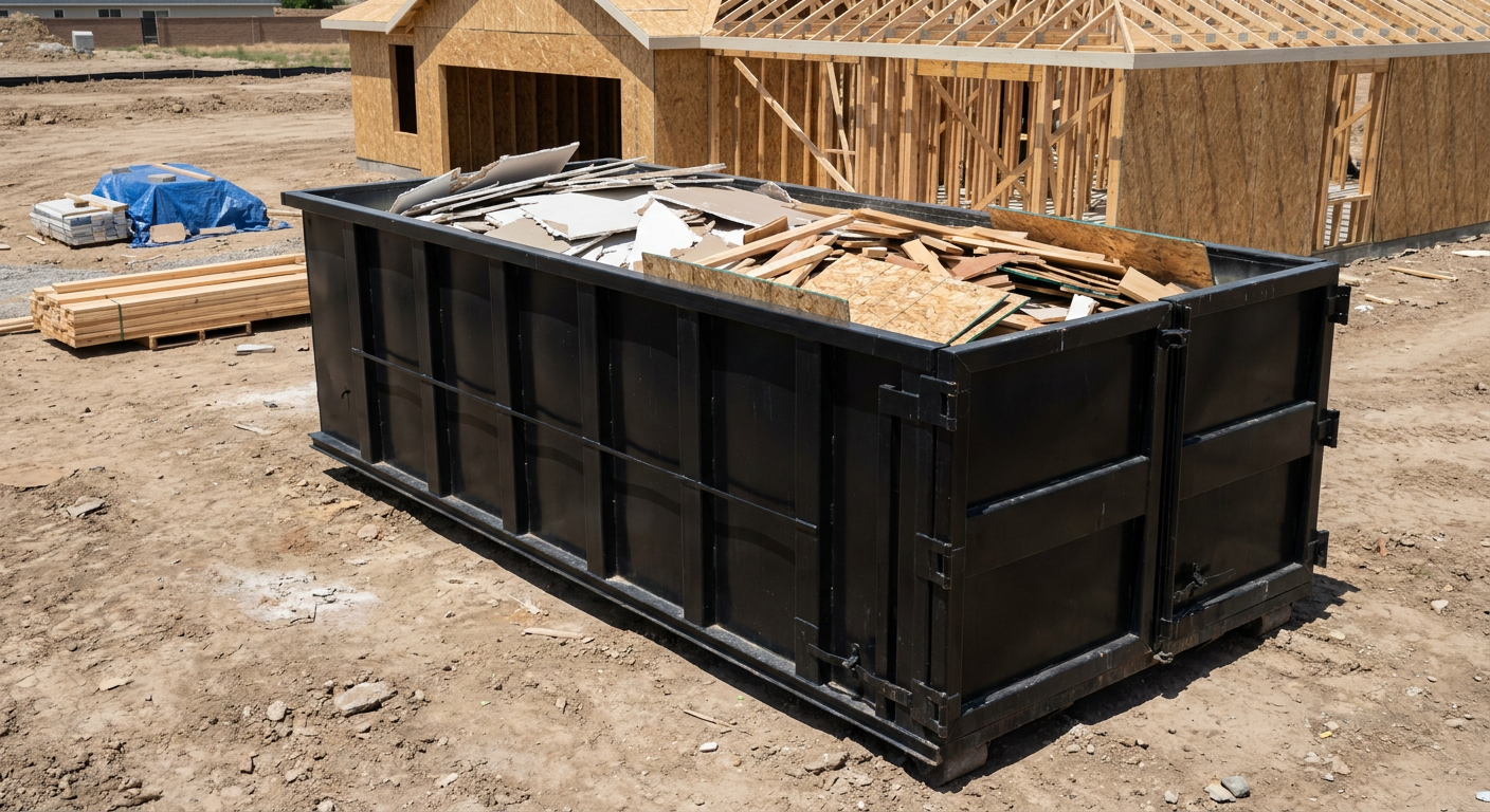 Matte-black 30-yard roll-off construction dumpster sitting directly on the compacted-dirt site of a framed single-family home build in Port Orange, drywall and lumber scrap loaded inside.