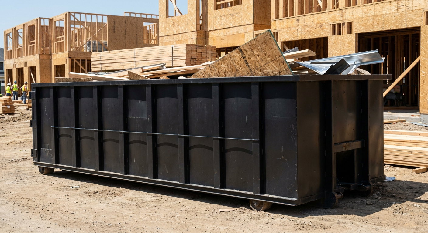 Matte-black 40-yard roll-off construction dumpster being lowered from a white-cab hooklift delivery truck onto the compacted-dirt jobsite at a commercial build site in Port Orange