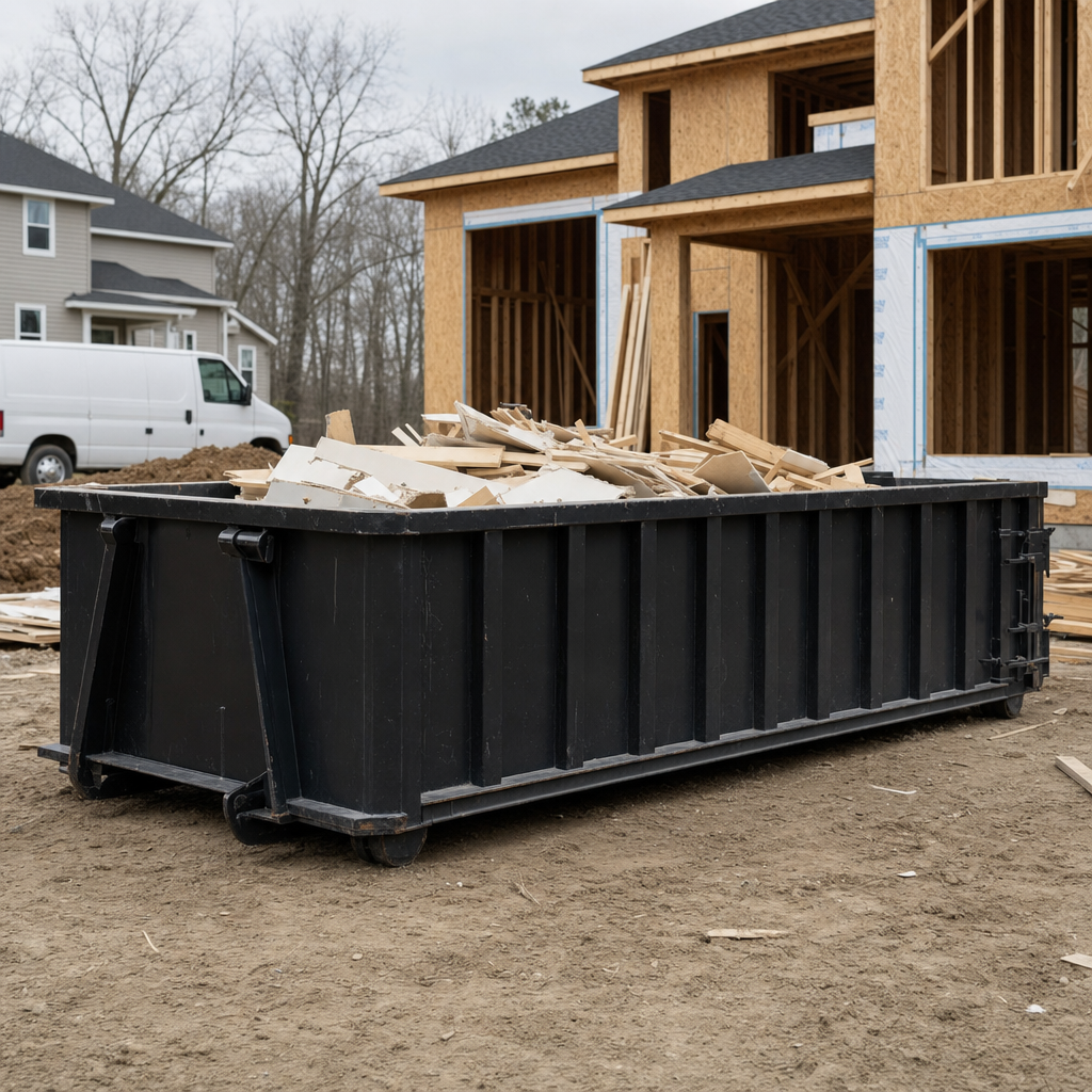 Worker in a yellow high-visibility vest tossing framing lumber and broken drywall into a matte-black 30-yard construction roll-off dumpster on an active build site in Port Orange, bright daylight