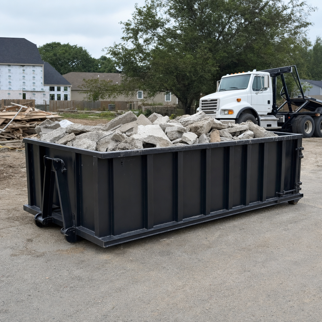 Low-profile matte-black lowboy roll-off dumpster loaded with broken concrete slab and rebar at a foundation tear-out in Port Orange, skid steer parked beside it, sunny Colorado morning