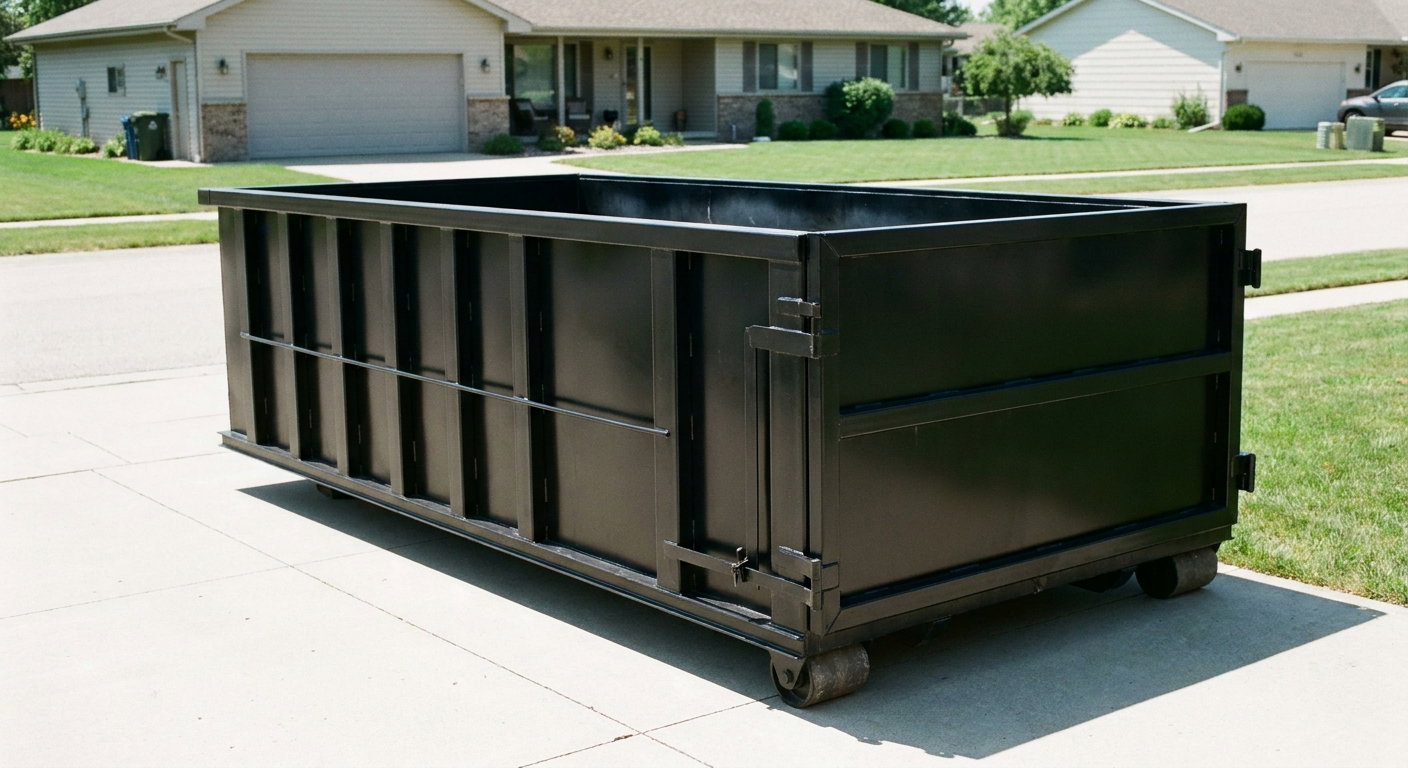 Matte-black 10-yard roll-off dumpster on a residential concrete driveway in Port Orange, uniformly painted matte black across every panel and rail, ribbed steel sidewalls and rear swing door visible, mid-day daylight.