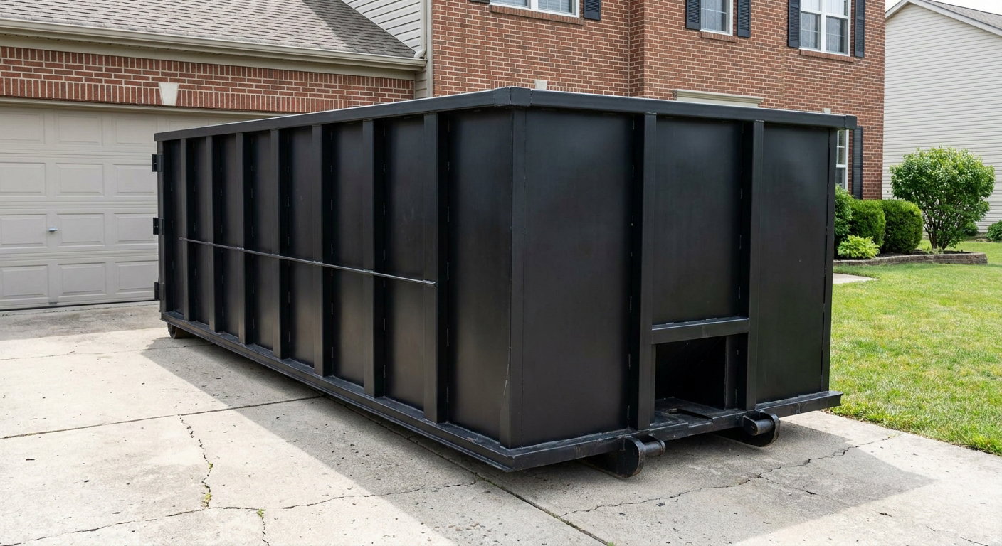 Matte-black 20-yard roll-off container on a Port Orange residential concrete driveway with reinforced ribbed steel sidewalls and a hinged rear walk-in door, clean bright daylight.