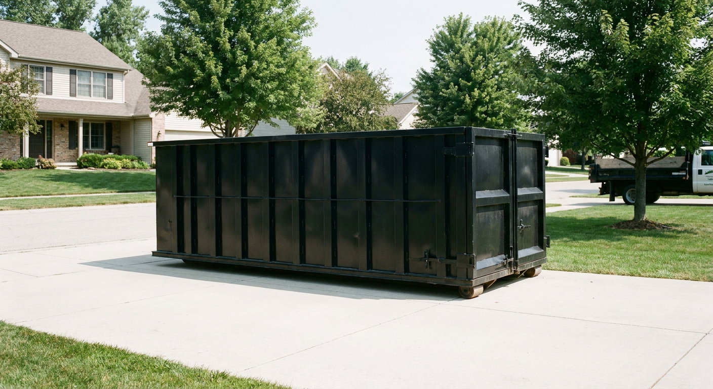 Matte-black 20-yard roll-off dumpster sitting level on a clean Port Orange residential concrete driveway under bright daylight, demonstrating clean placement directly on the concrete.
