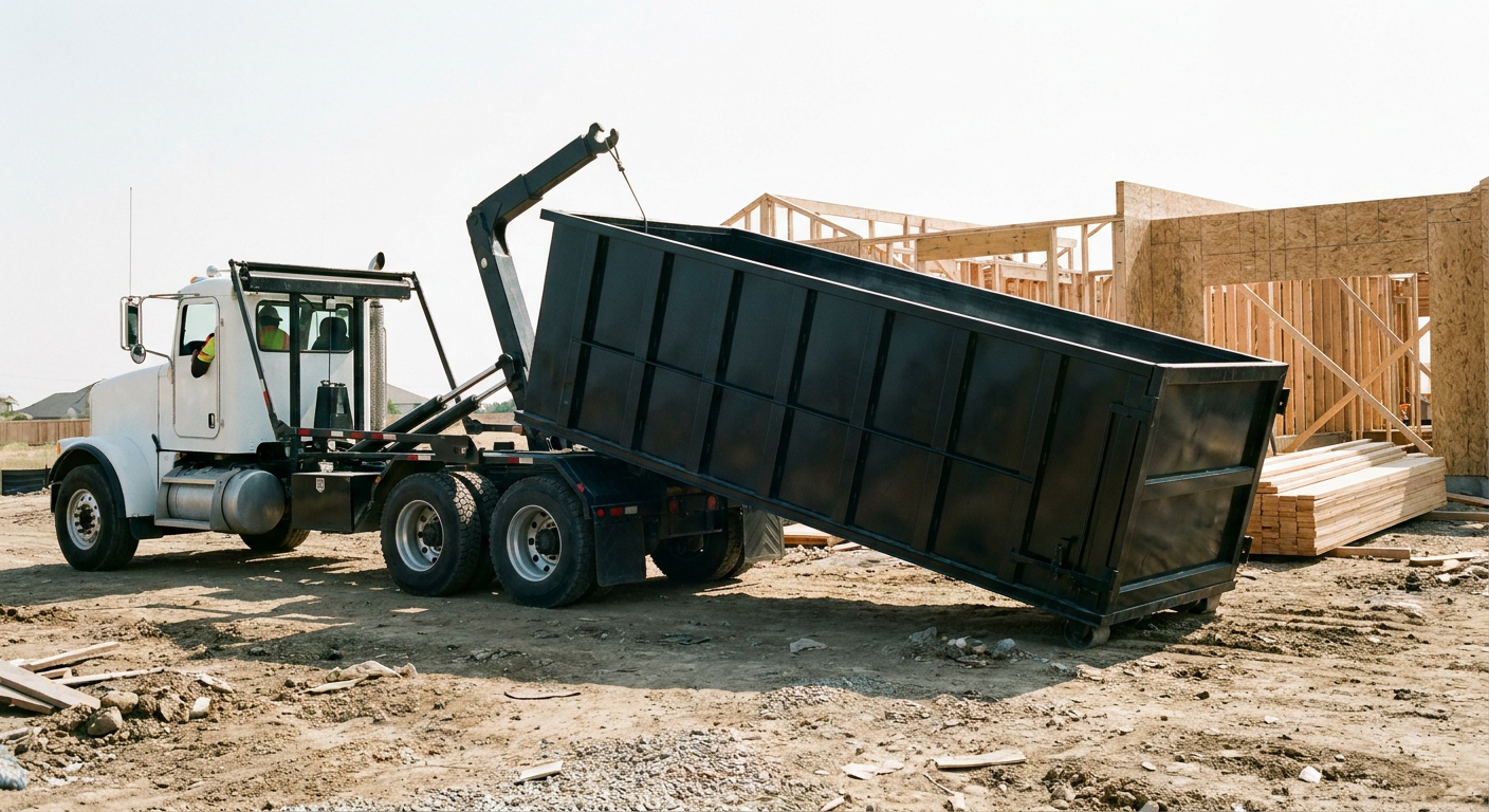 Matte-black roll-off dumpster being delivered onto a clean residential concrete driveway in Port Orange by an unmarked white hooklift hauler truck, bright morning daylight, documentary 35mm perspective.