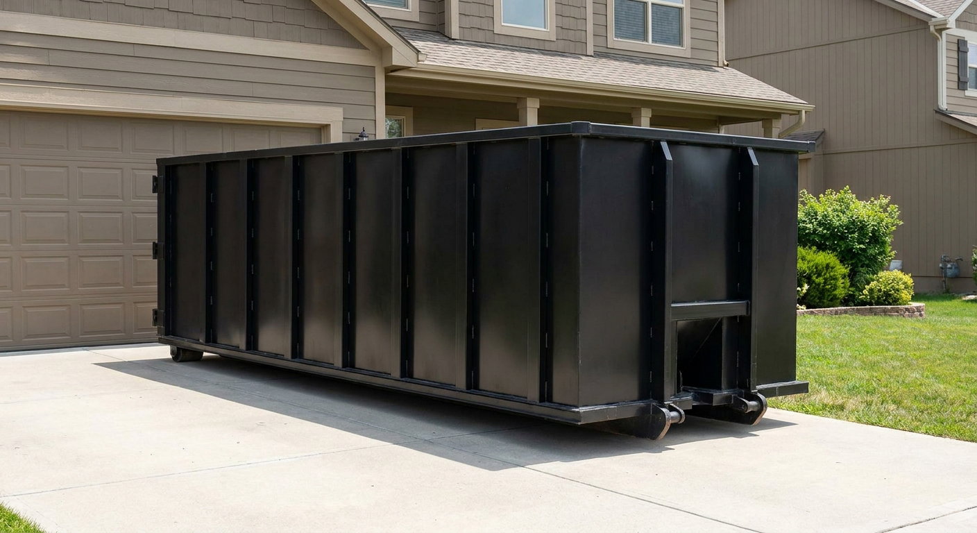 Matte-black residential roll-off dumpster sitting directly on a suburban Port Orange concrete driveway, garage door closed, single-family home in background, bright morning daylight.