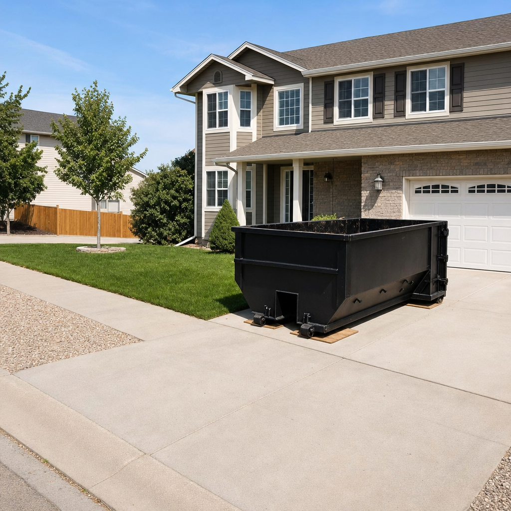 10-yard matte-black residential dumpster placed directly on a narrow Port Orange concrete driveway, room remains for a parked sedan beside it, mid-morning natural light
