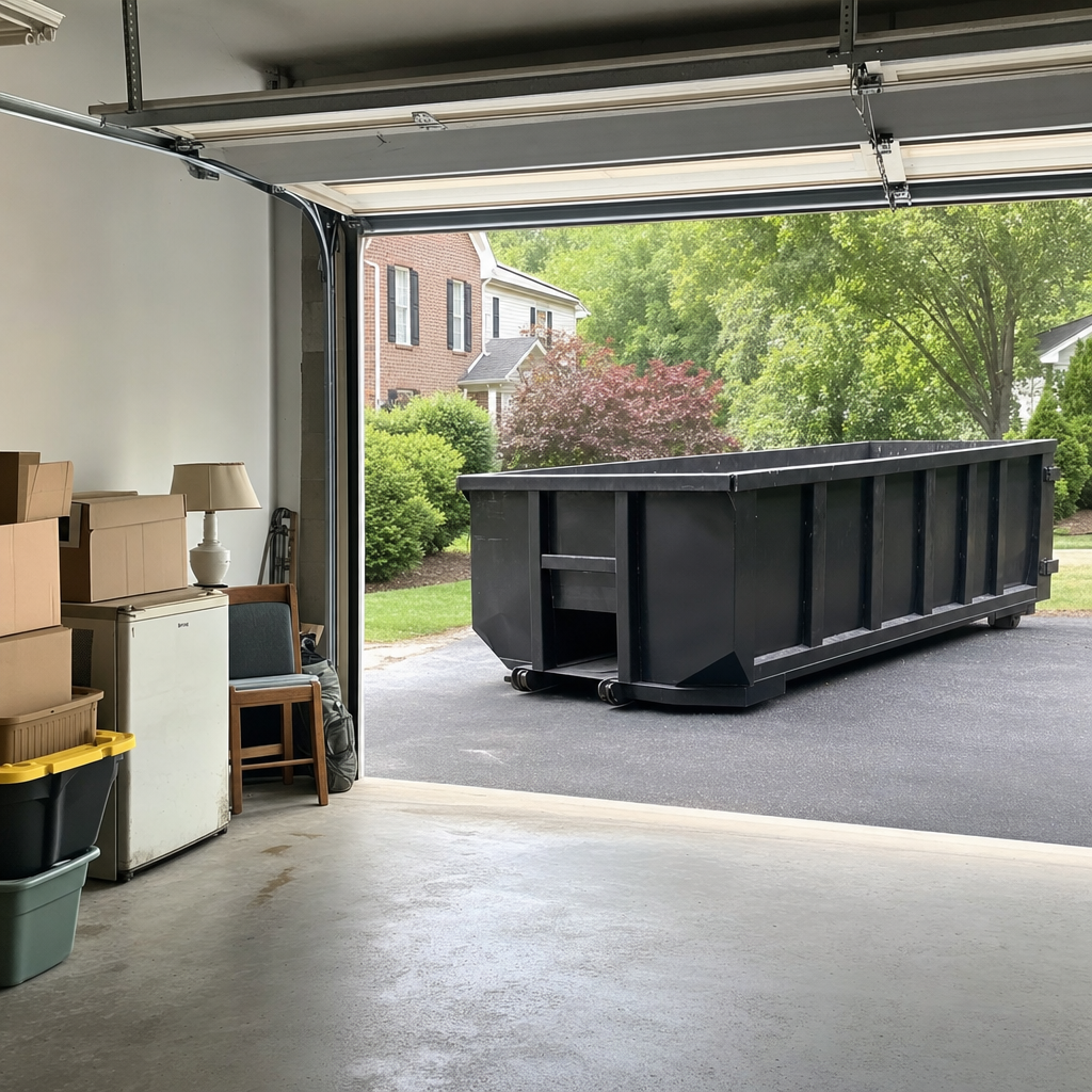 Open garage interior in a Port Orange home mid-cleanout — boxed items, an old appliance, and stacked yard tools queued near the driveway for a matte-black roll-off dumpster, organized and calm