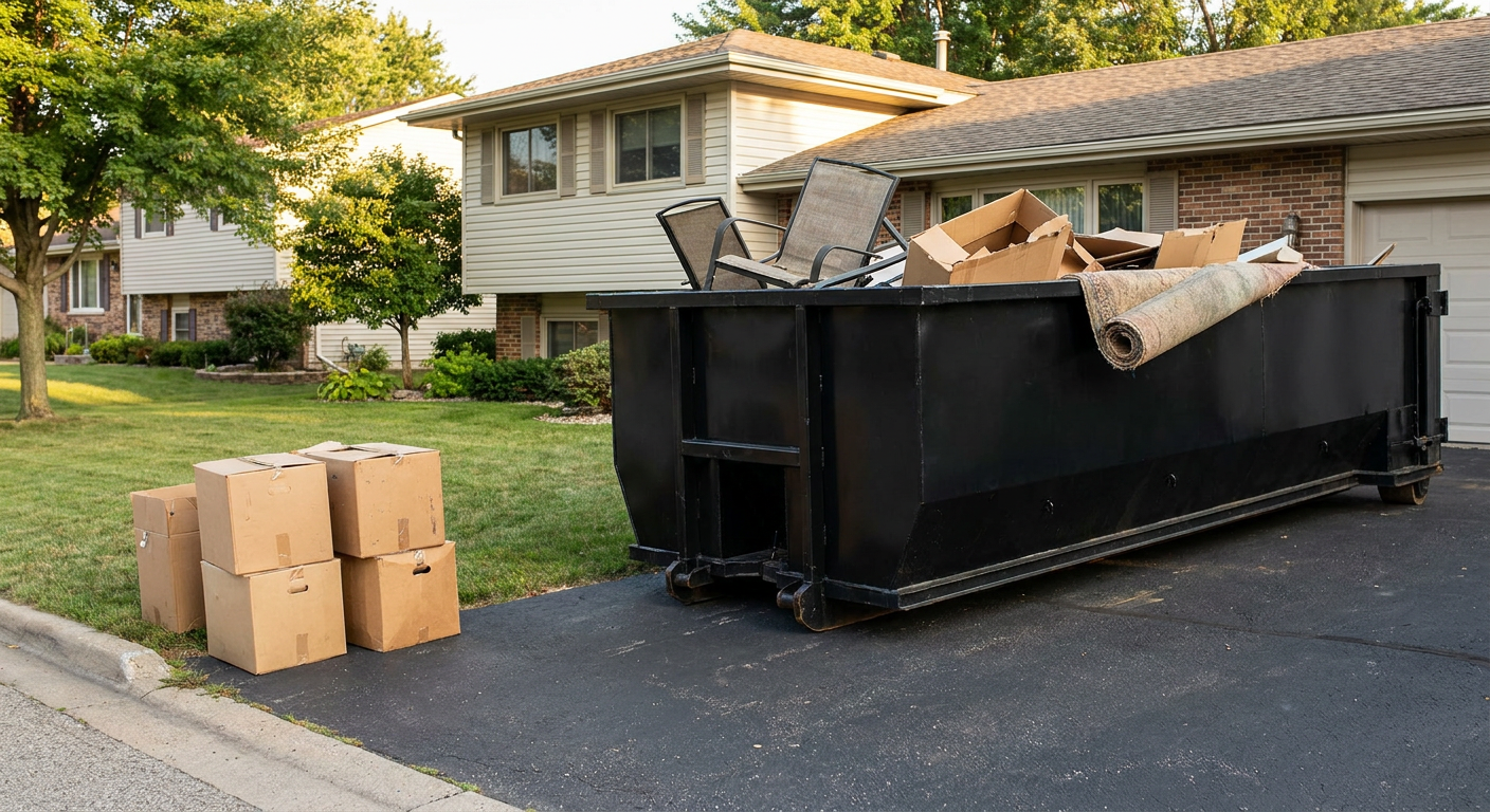 Front-yard view of a Port Orange split-level home with a 20-yard matte-black roll-off dumpster sitting directly on the asphalt driveway, a few clearly labeled donation boxes staged at the curb, calm sunny afternoon.