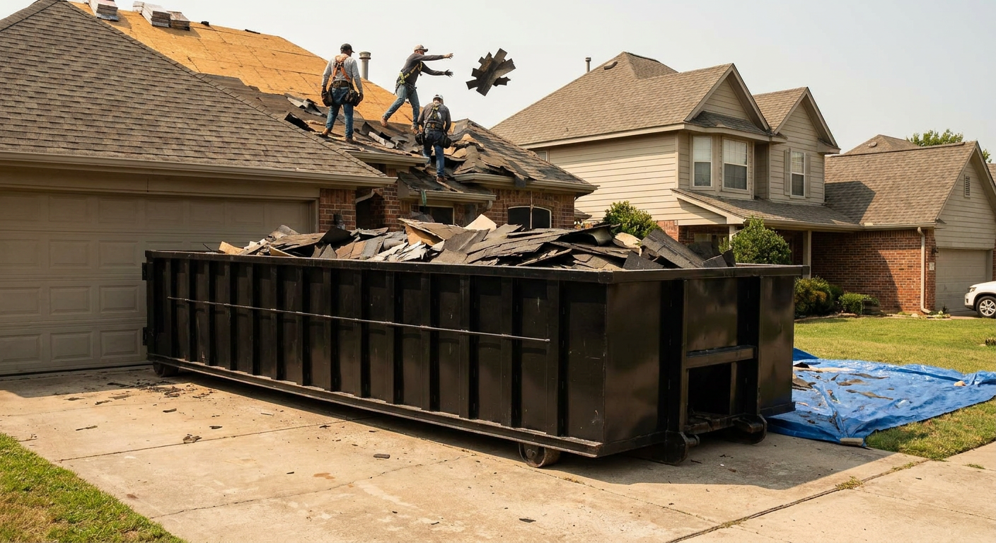 Matte-black roofing roll-off dumpster placed directly on a Port Orange residential concrete driveway, a tear-off crew on a two-story asphalt-shingle roof tossing shingle bundles into the low-walled container, bright daylight, documentary 35mm perspective.
