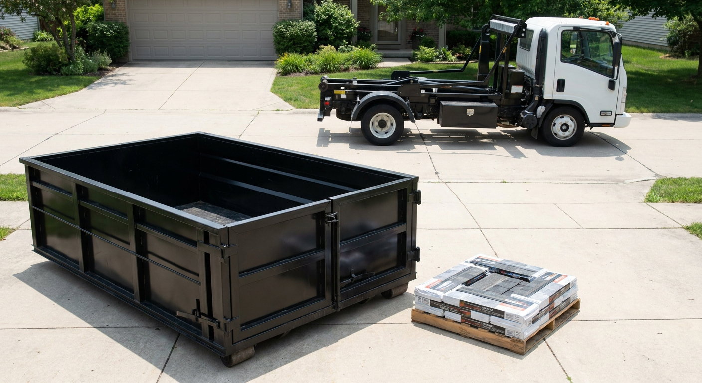 Matte-black 15-yard roofing roll-off dumpster with reinforced low side walls sitting directly on a Port Orange residential concrete driveway, three-tab asphalt shingle bundles stacked nearby, an unmarked white hauler truck partially visible at the edge of the frame.
