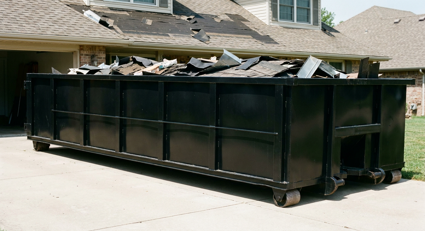 Matte-black 20-yard roofing roll-off dumpster with steel ribbed sides and swinging rear door, sitting directly on the concrete driveway of a two-story Port Orange home, asphalt shingle debris being loaded over the low wall, clean documentary lighting.