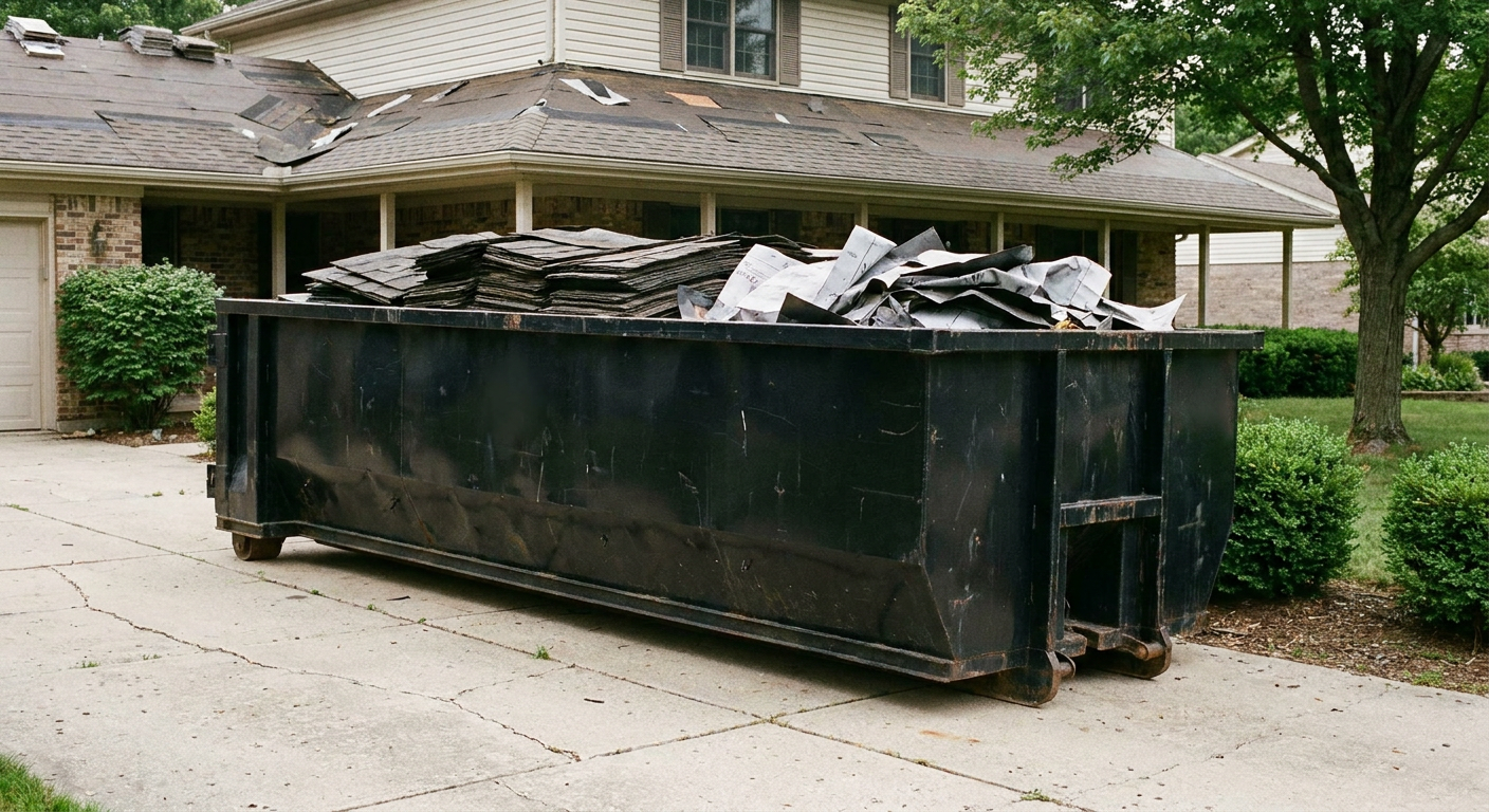 Matte-black 30-yard roofing roll-off dumpster sitting directly on a Port Orange concrete driveway, taller ribbed steel side panels, mixed tear-off debris of asphalt shingles and underlayment inside, professional documentary daylight.
