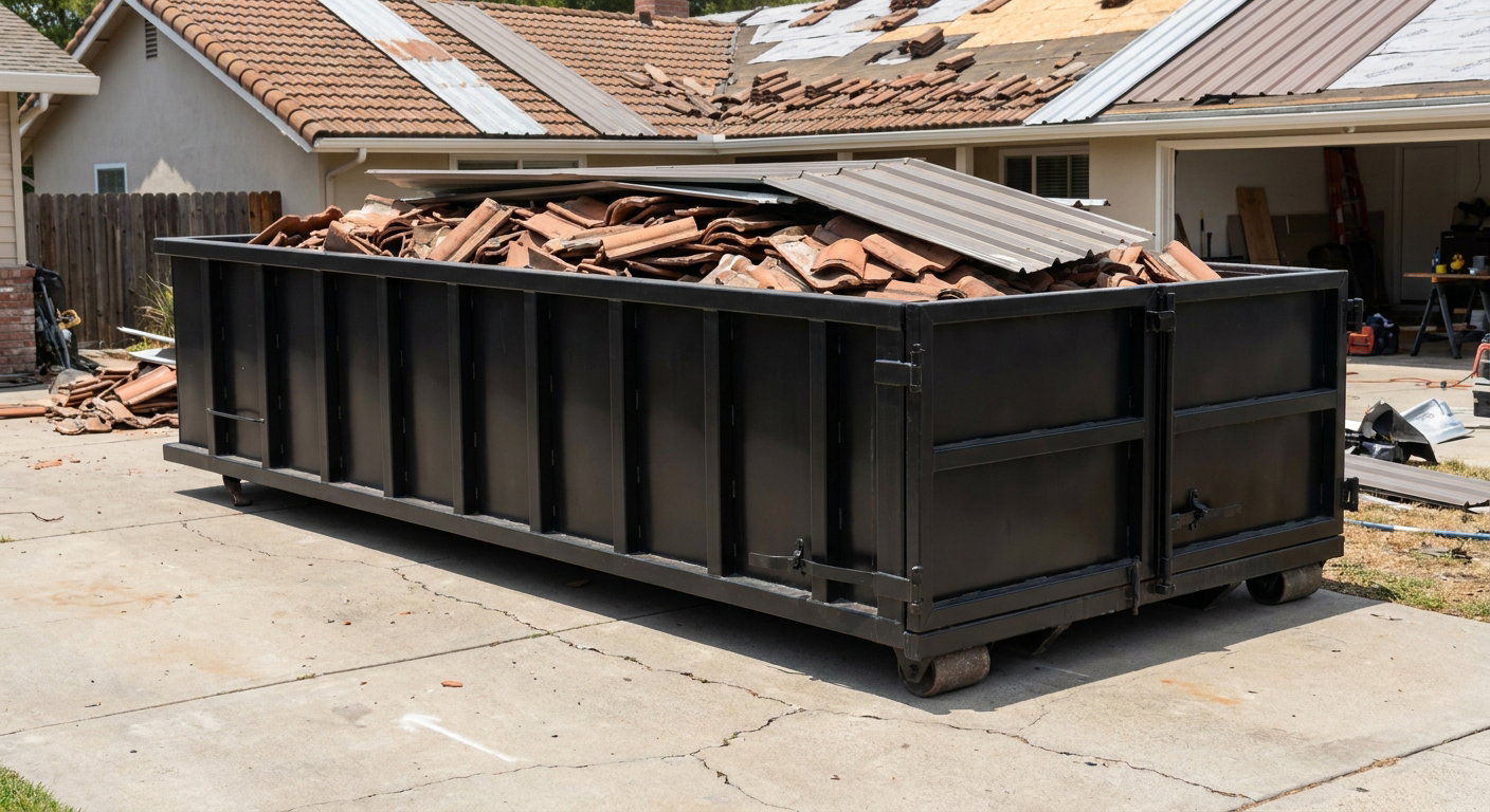 Matte-black low-wall heavy-debris roofing roll-off dumpster sitting directly on a Port Orange concrete driveway, broken concrete clay roof tiles and metal panel sections loaded inside, reinforced ribbed steel side walls visible, bright outdoor daylight.