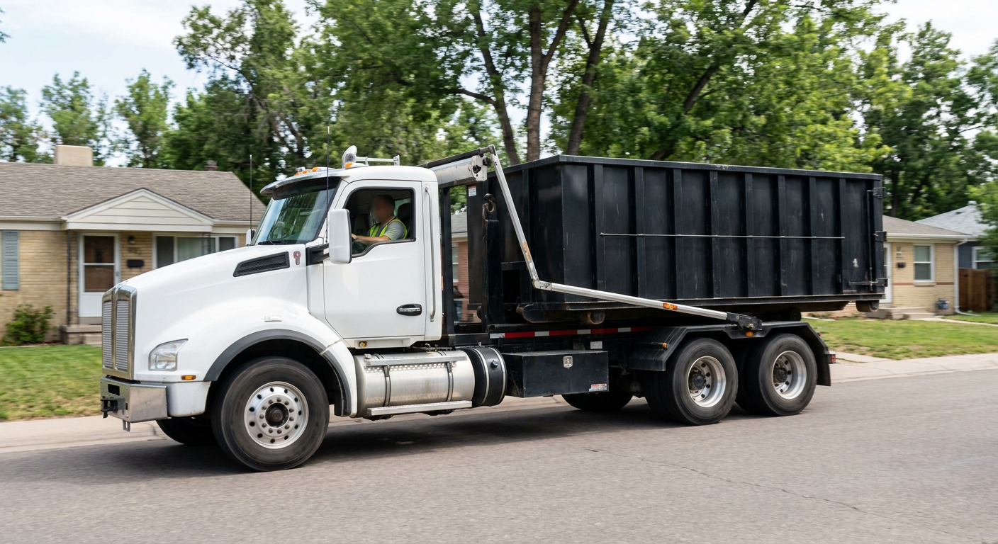 A wide documentary shot of a matte-black roll-off delivery truck pulling onto a quiet Port Orange residential street at mid-morning, with neighborhood rooftops and tree-lined blocks visible behind, showing the metro coverage footprint.