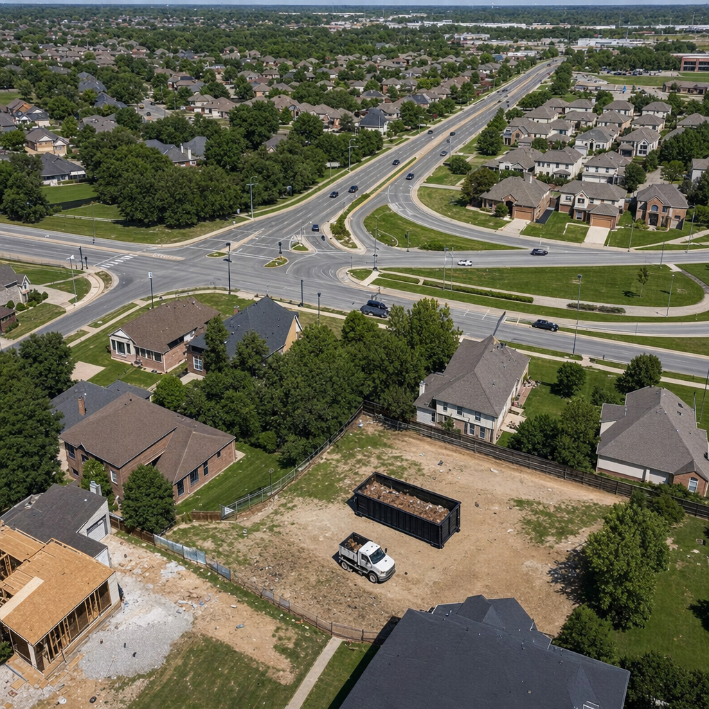 An overhead documentary view of the Port Orange metro area at midday, showing the spread of neighborhoods, arterial roads, and the dispatch radius from a central yard — clean daylight, organized geographic layout.