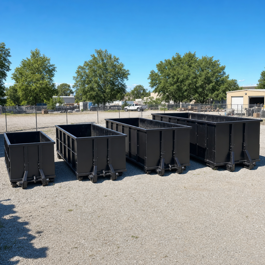 A clean lineup of matte-black roll-off dumpsters in 10, 20, 30, and 40-yard sizes staged on a sunlit gravel yard in Port Orange, showing the size progression from compact to commercial-scale containers.