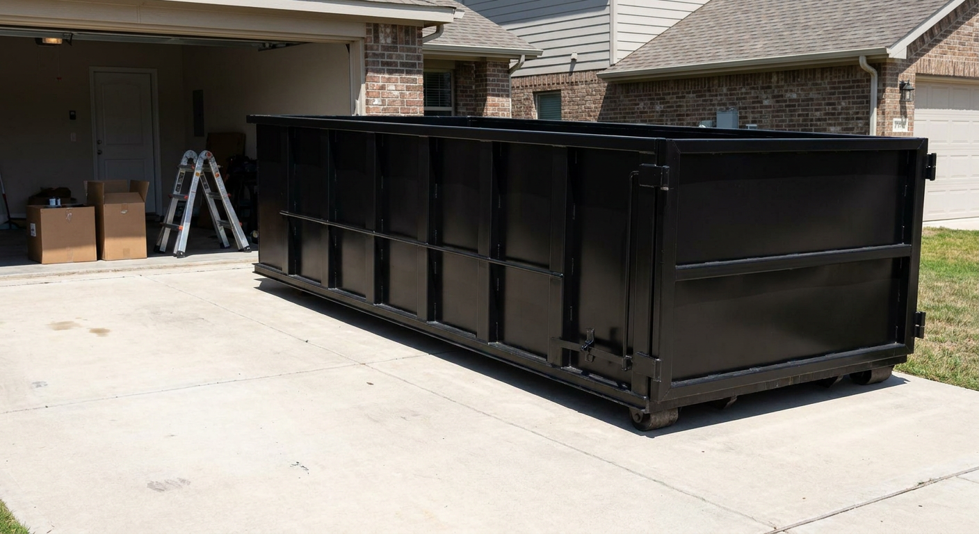 A matte-black 10-yard roll-off dumpster sitting directly on a residential Port Orange concrete driveway, mid-day sunlight, clean and ready for a garage cleanout.
