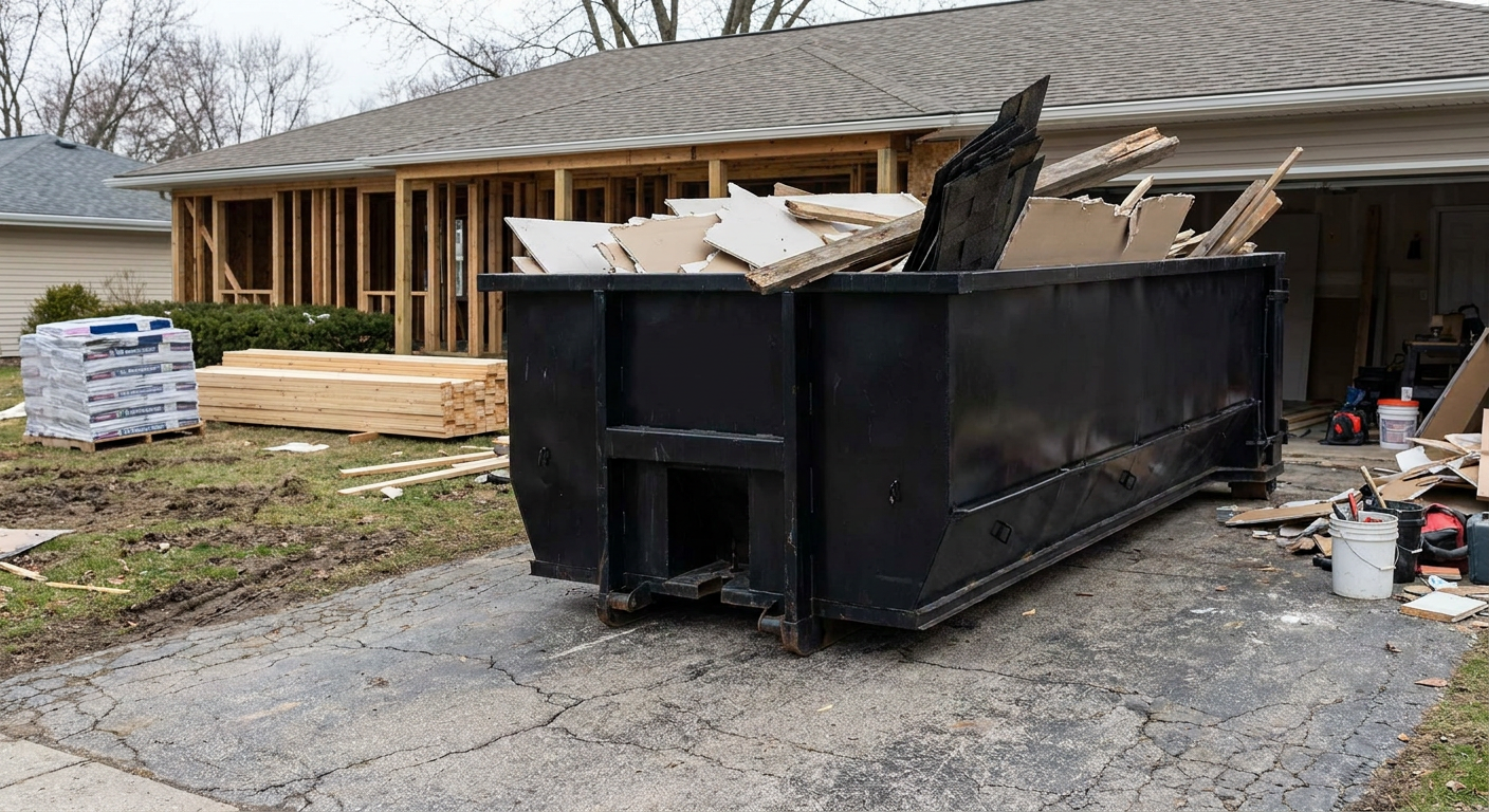 A matte-black 20-yard roll-off dumpster placed alongside a mid-renovation Port Orange home directly on the asphalt driveway, with framing materials and torn-off shingles staged neatly nearby.