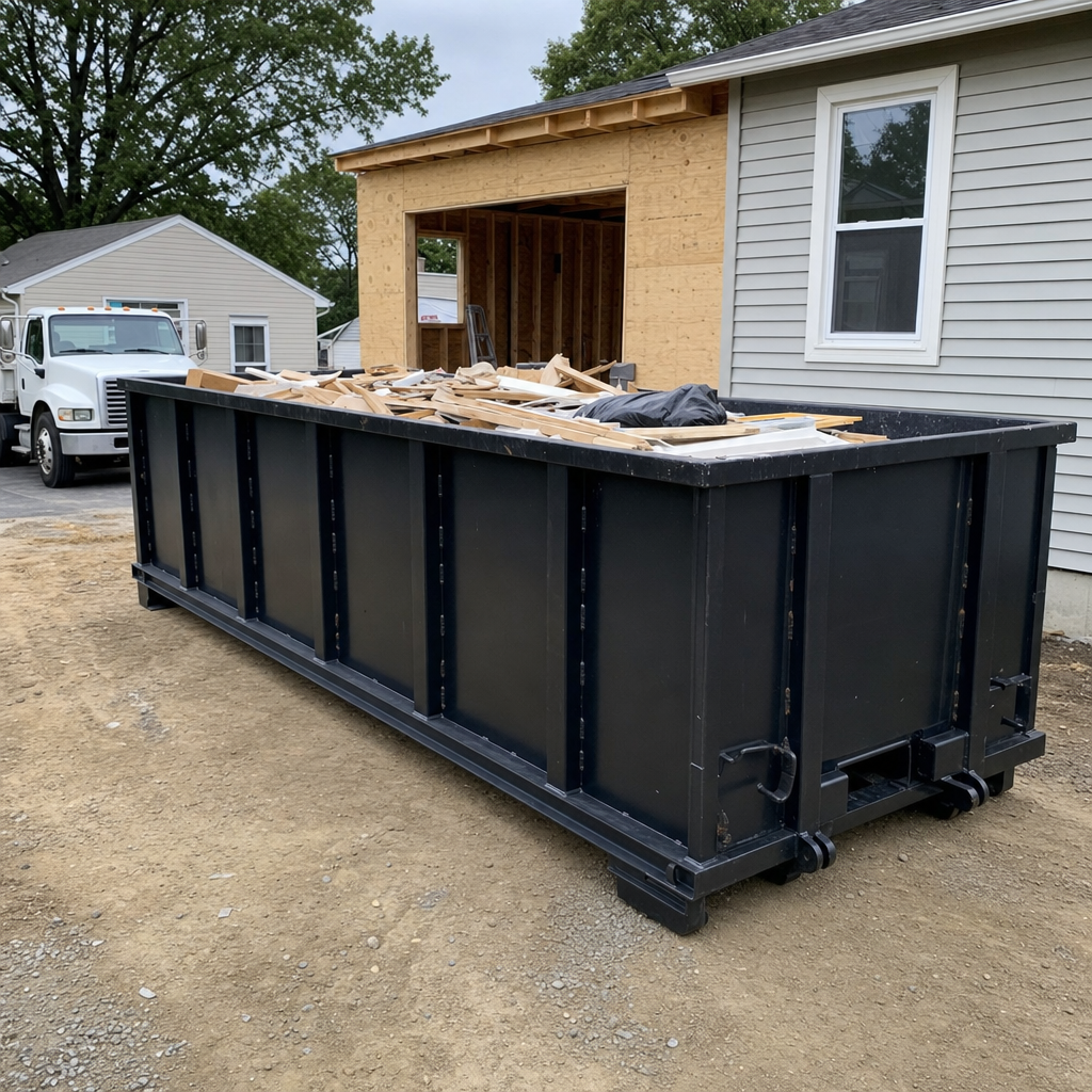 A matte-black 30-yard roll-off dumpster positioned at a Port Orange residential addition jobsite, with framing lumber and drywall scraps loaded through the open swinging rear doors.