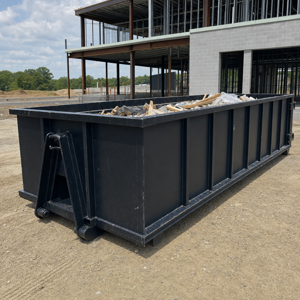 A matte-black 40-yard roll-off dumpster staged on a large Port Orange commercial construction lot, with a hooklift delivery truck parked alongside under bright midday sky.
