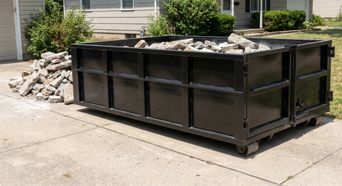 A matte-black low-side heavy-debris roll-off dumpster placed directly on a Port Orange concrete driveway, with broken concrete chunks neatly stacked beside it under clean daylight.
